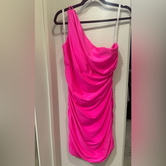 Sherri Hill hot pink one shoulder holiday cocktail mini dress - Picture 4 of 5